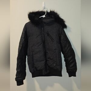 Guess Men's Black Hooded Puffer Jacket with Faux Fur Trim